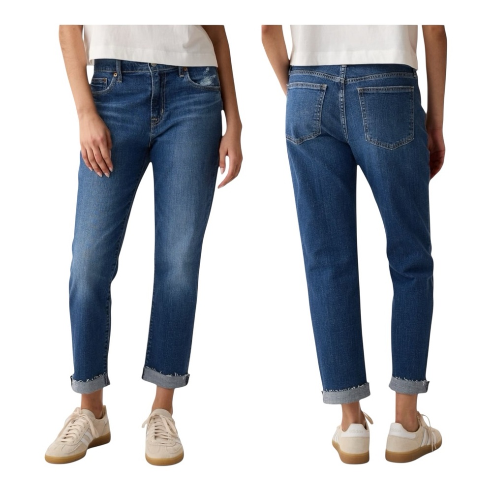 GAP Girlfriend Mid Rise Jeans sz 27/4 Tall Medium Wash Cuffed Raw Hem Stretch - Picture 1 of 11